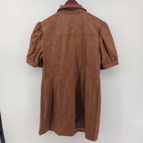 KIT  SKY Faux-Leather Puff-Sleeve Button-Down Pleated Dress Brown Size XXL - Picture 6 of 10